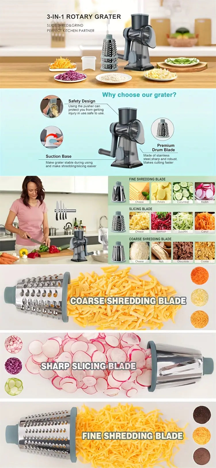 3 in 1 Rotary Cheese Grater Vegetable Slicer